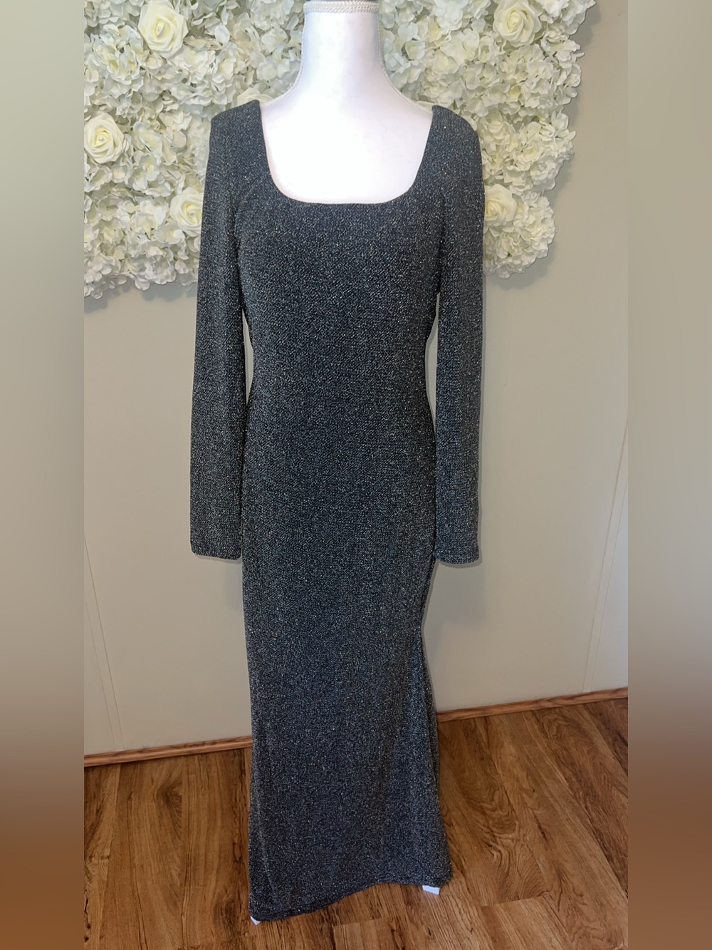 Shapellx Square Neck Long-Sleeve Sparkle Maxi Dress Gown - Black - Picture 2 of 14